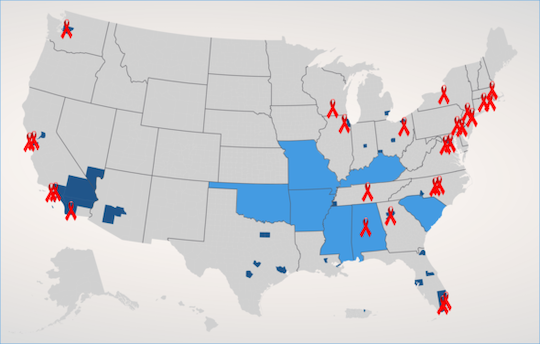 map of the United States depitcting areas that are the hardest hit by H.I.V. 